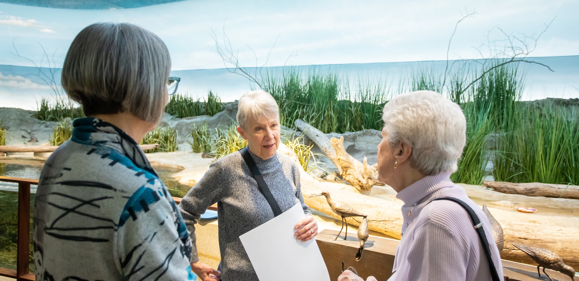 Three women chatting in the Bird House exhibit at the Zoo