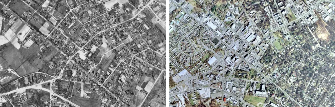 Two aerial photos side by side. Both photos show Falls Church, Virginia from above. On the left is the map from 1937 while the right shows the map from 2017. Between both photos, farm land transitioned to developments and buildings.