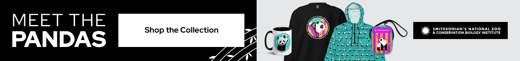 A stylized image of colorful panda merchandise and a button that says "Shop the Collection"