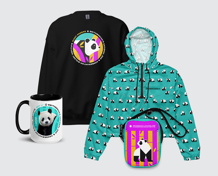 Colorful panda merchandise, including a hoodie, mug and travel bag.