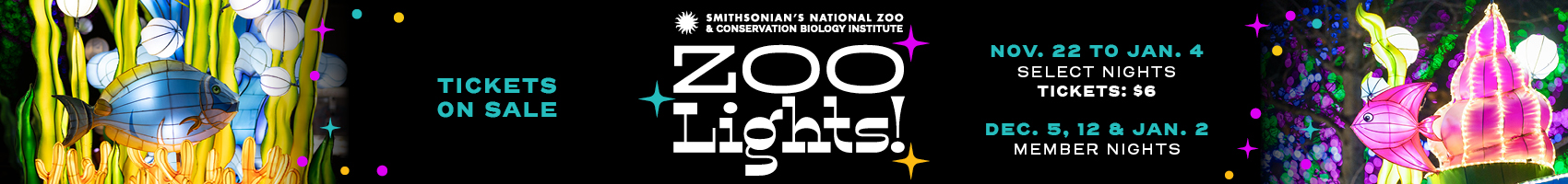 A banner for ZooLights tickets with dates and ticket prices listed.