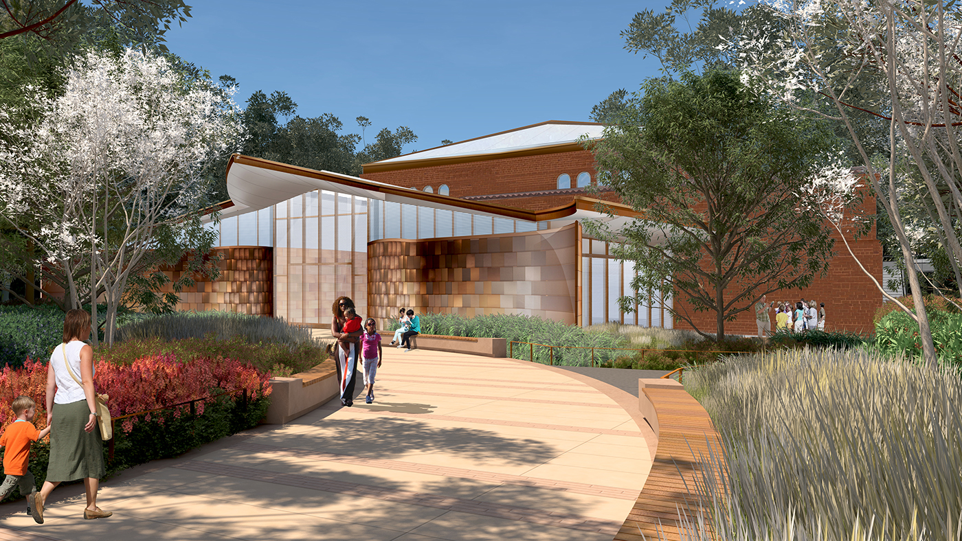 Outdoor rendering of the Experience Migration exhibit entrance