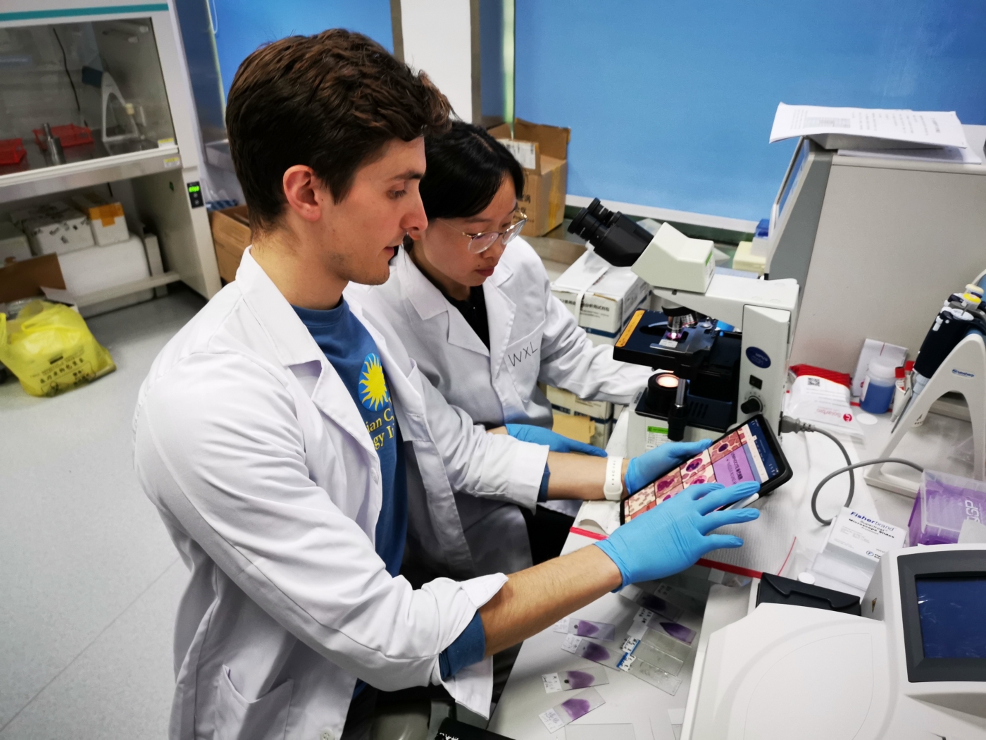 Veterinarians looking at slides of panda blood at the Chengdu Research Base of Giant Panda Breeding. 