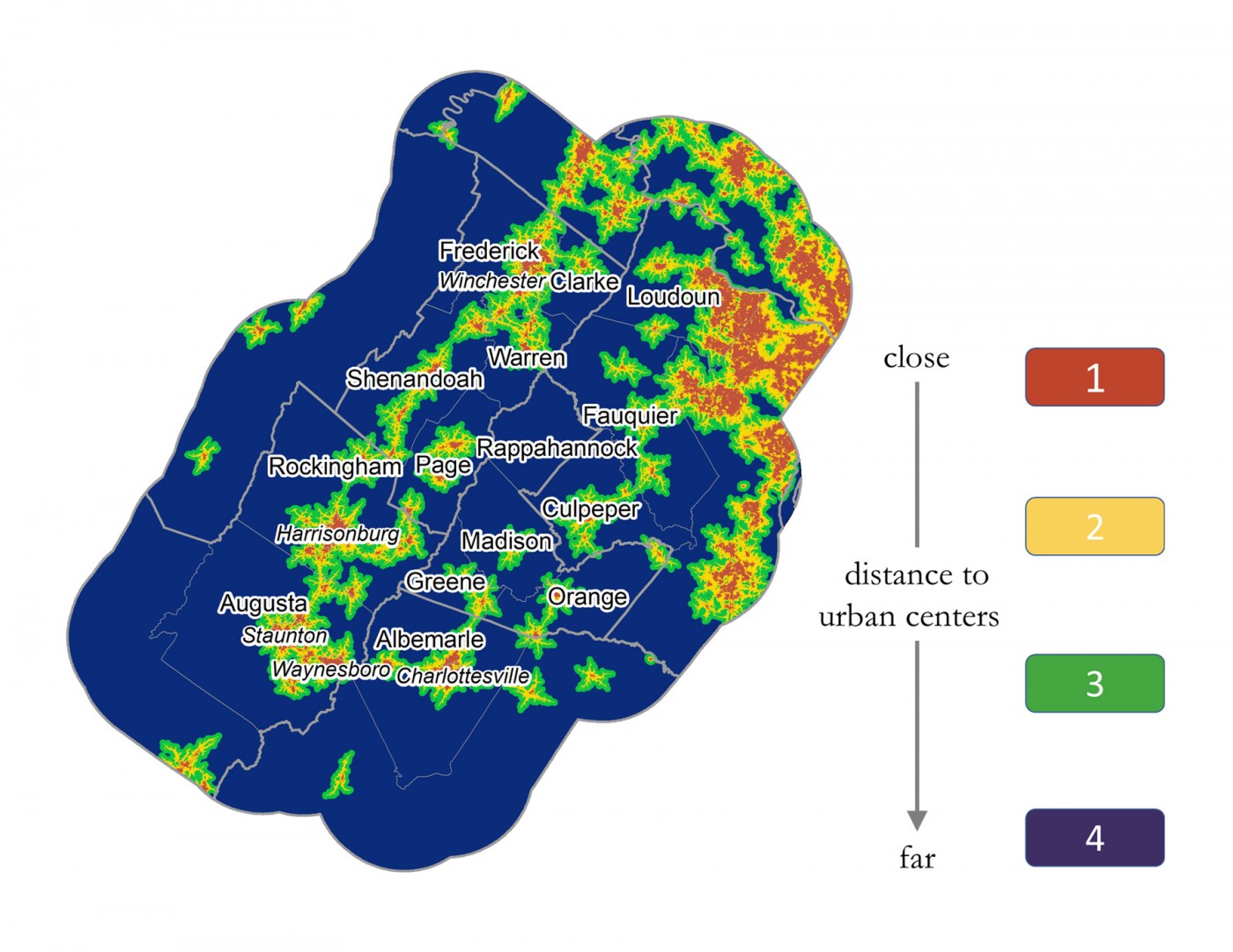 A map of northwestern Virginia depicting four zones (red, yellow, green and blue) based on proximity to a city center with red being closest and blue being farthest.