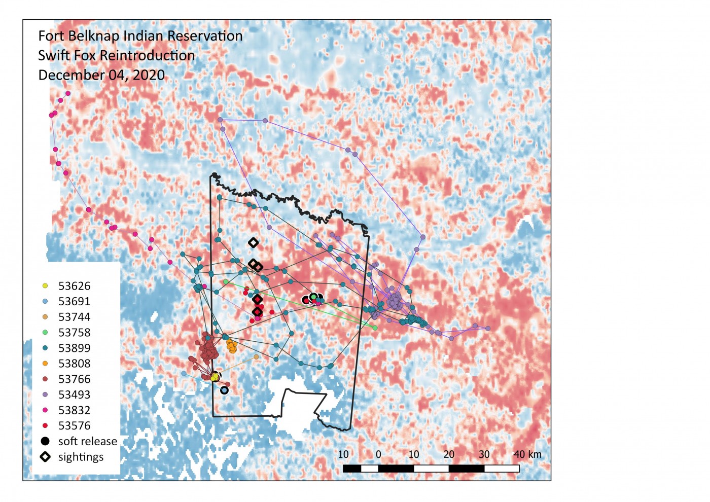 This map shows the movement of the swift foxes, overlaid on one of our habitat assessment models. The red areas of the map indicate high-quality habitat, and the blue areas indicate low-quality habitat