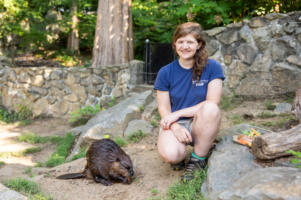 Keeper Diana Vogel and beaver Juniper.