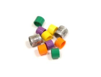 Aluminum and colored bird bands (yellow, purple, orange and green) used for tagging and re-sighting birds.