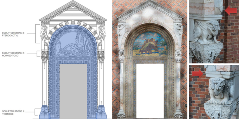 A schematic drawing and several photos showing the Reptile Discovery Center's cracking portico