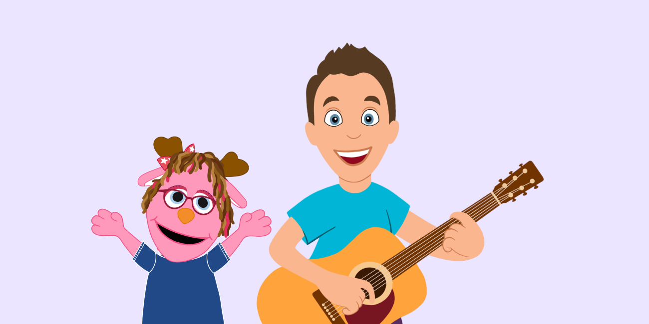 A collage image with two cartoon characters standing next to each other. The one of the left is a pink jackalope puppet and the one on the right is a male character playing the guitar.