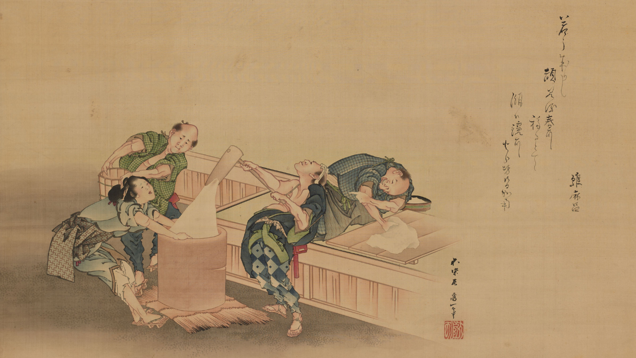 An ink and color image on silk. Four figured stand around a barrel used to make mochi with two on the left and two on the right. One figure is pounding rice paste with a hammer. They all wear blue and green clothing.