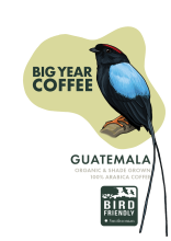 a coffee label with an illustration of a Manakin bird perching on a branch