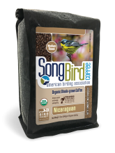 a coffee bag with an image of a Magnolia Warbler and roasted coffee beans