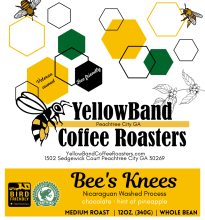 a coffee label with illustrations of flying bees