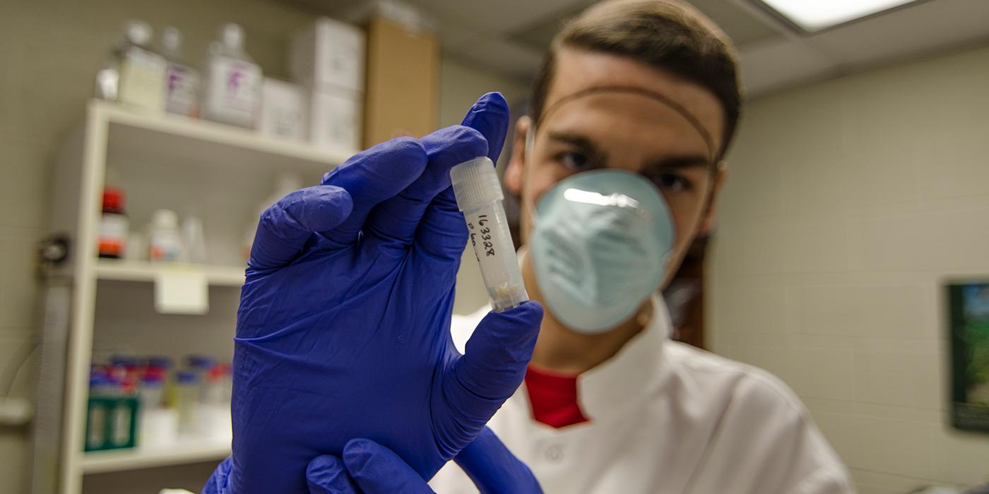 scientist holding up vial of ancient bones