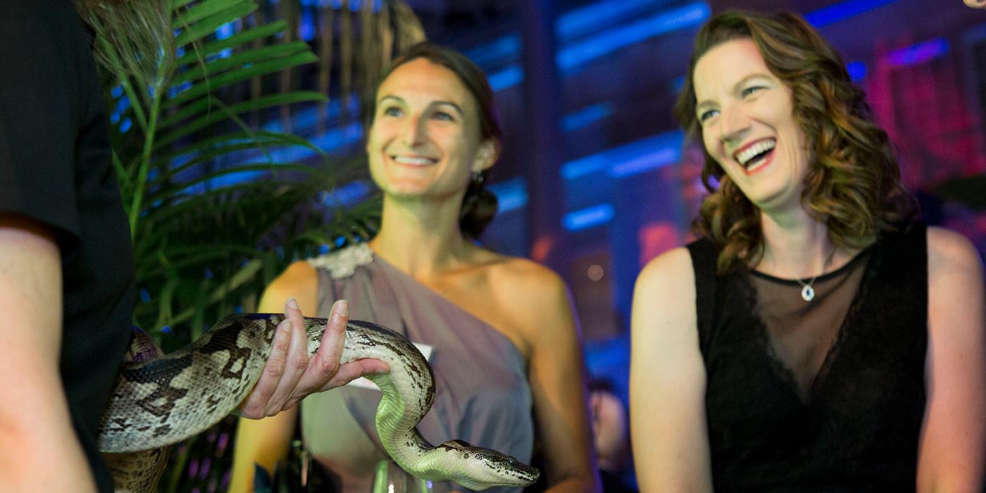 Two women talking to an interpreter holding a large snake at the Smithsonian's National Zoo's Monkey Business Gala