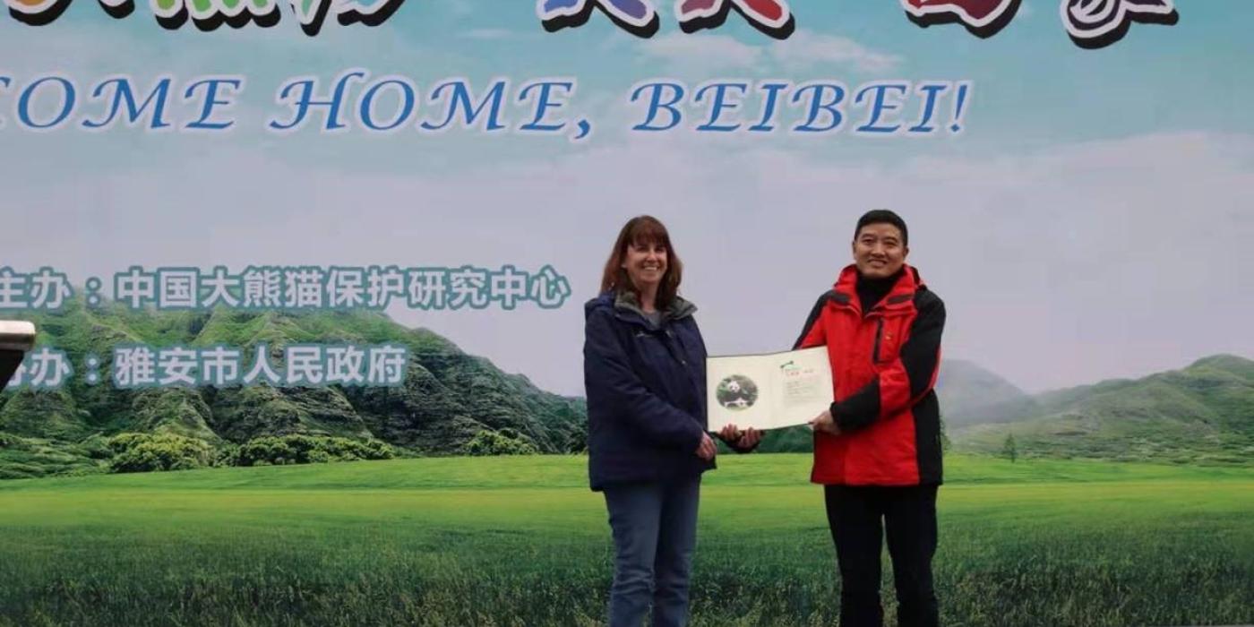 Laurie Thompson at the welcome ceremony for Bei Bei. 